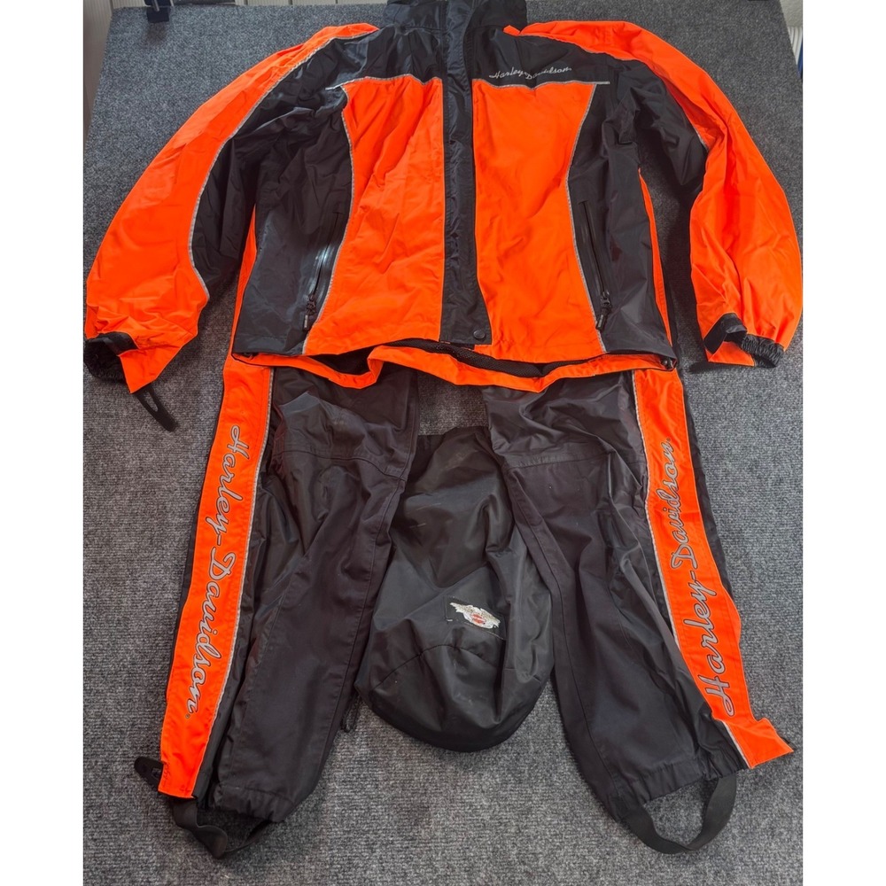 Harley-Davidson Rain Suit Men XL Orange Black Reflective Waterproof Biker Gear